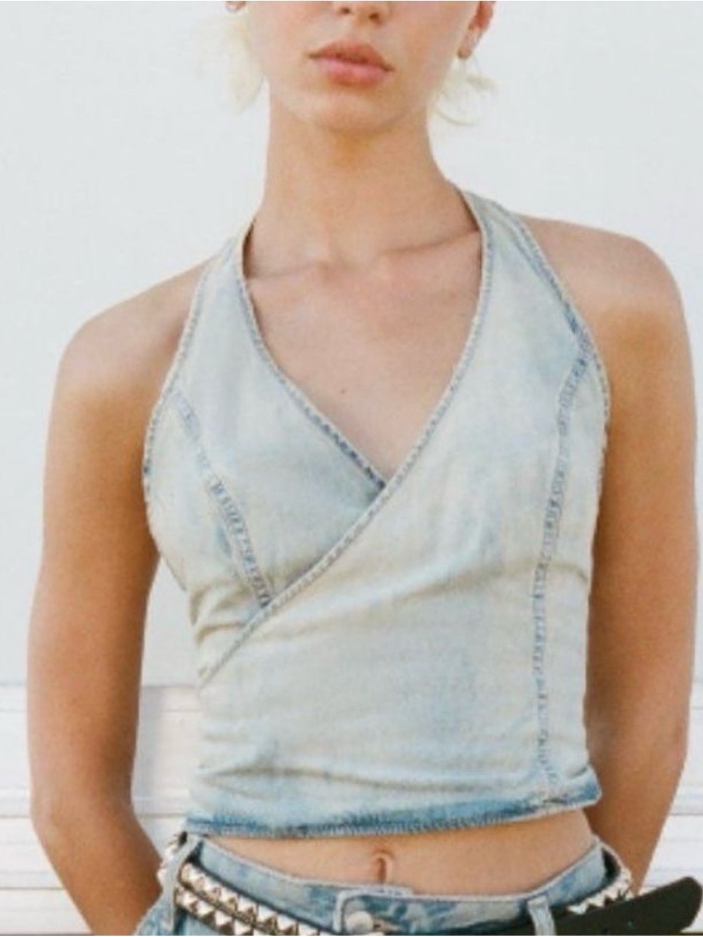 Zara faded light Wash Denim Halter Wrap Top size small